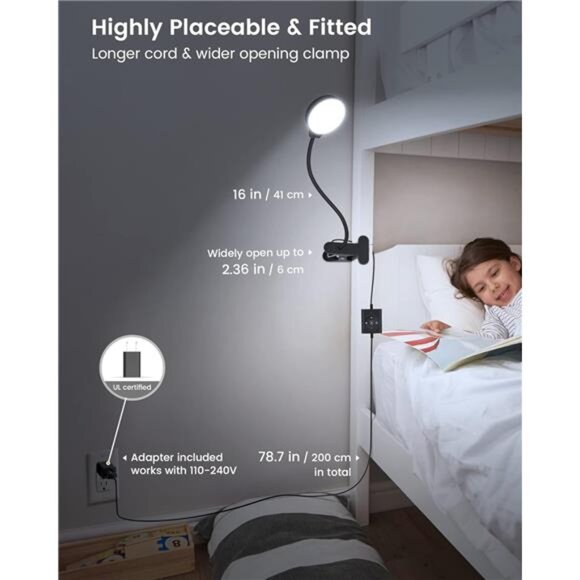 5W Clip on Light, 36LED Eye Caring Reading Light for Bed, 3 Colors & 5 Brightnes - Picture 6 of 7